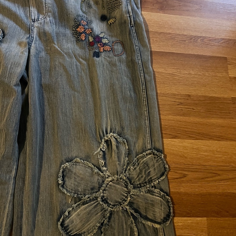 Blue Velvet Floral Embroidered Denim Overalls - Picture 3 of 5